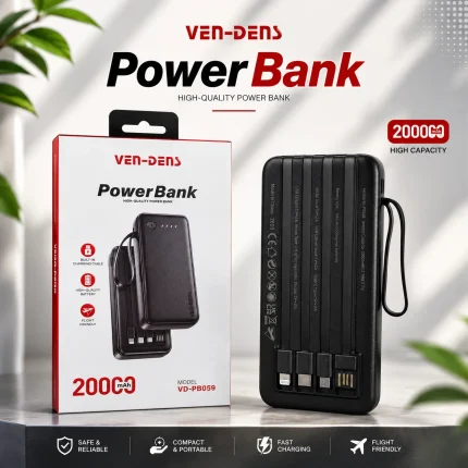 VEN-DENS VD-PB059 20000mAh High-Quality Power Bank with Built-in 4 Charging Cable