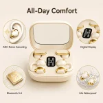 Q10 4-Earphones Wireless Bluetooth Headset – Cream | Dual Sharing, HiFi Sound & Digital Display