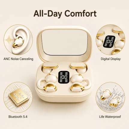 Q10 4-Earphones Wireless Bluetooth Headset – Cream | Dual Sharing, HiFi Sound & Digital Display