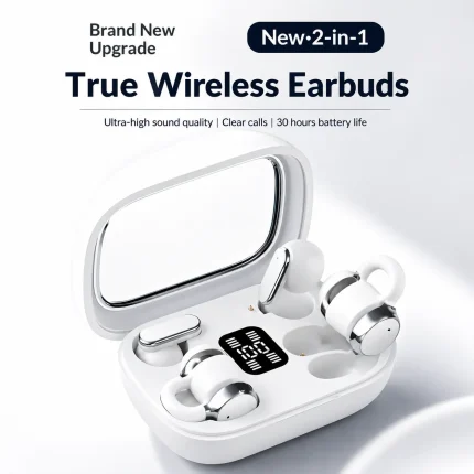 Q10 4-Earphones Wireless Bluetooth Headset – White | Dual Sharing, HiFi Sound & Digital Display