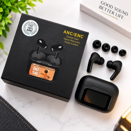 Original E9 Pro- L58 Series TWS Earbuds Black – App Supported Auto ANC with Touch Display